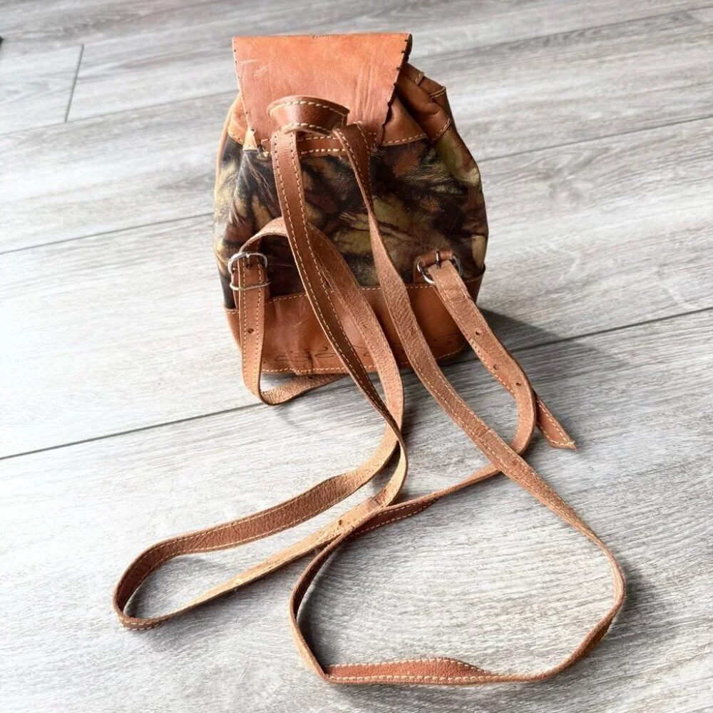 Cognac Tooled Brown Leather Backpack Brown Leather